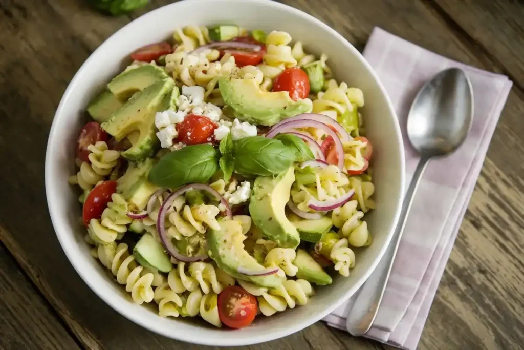 A top-down view of avocado pasta salad with cherry tomatoes, cucumber, and feta in a white bowl on a rustic wooden table.