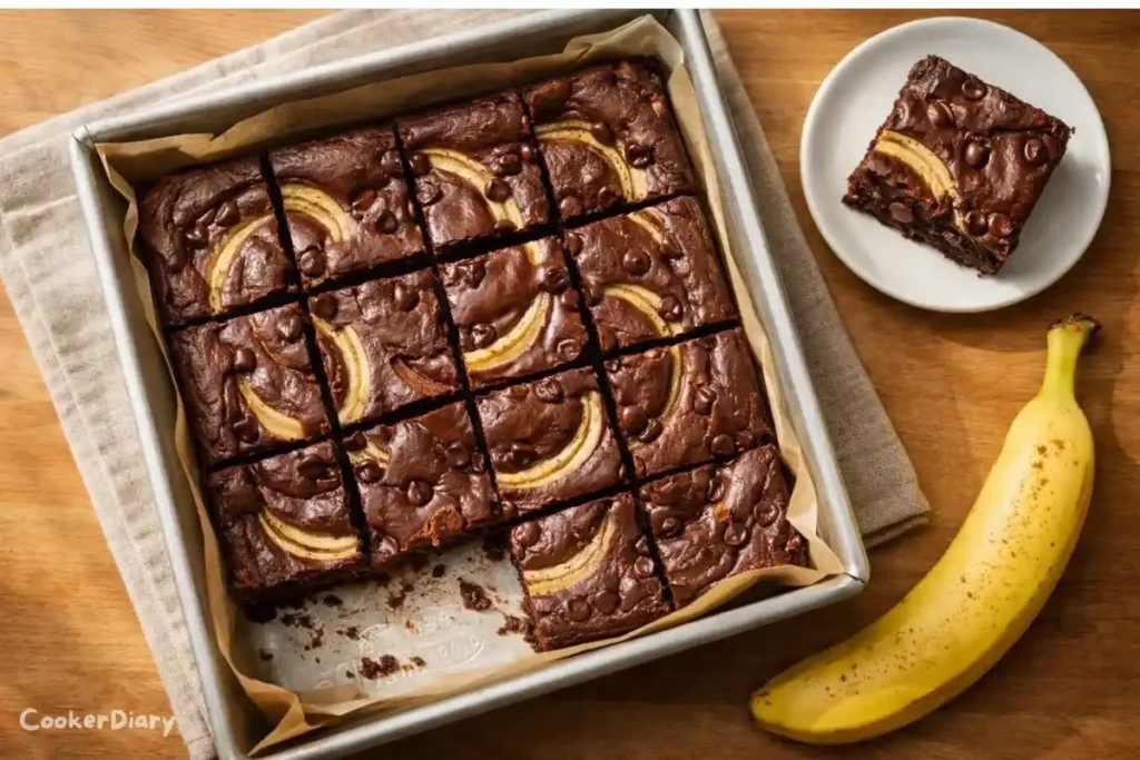 Top-down view of banana brownies baked in an 8-inch USA Pan square pan