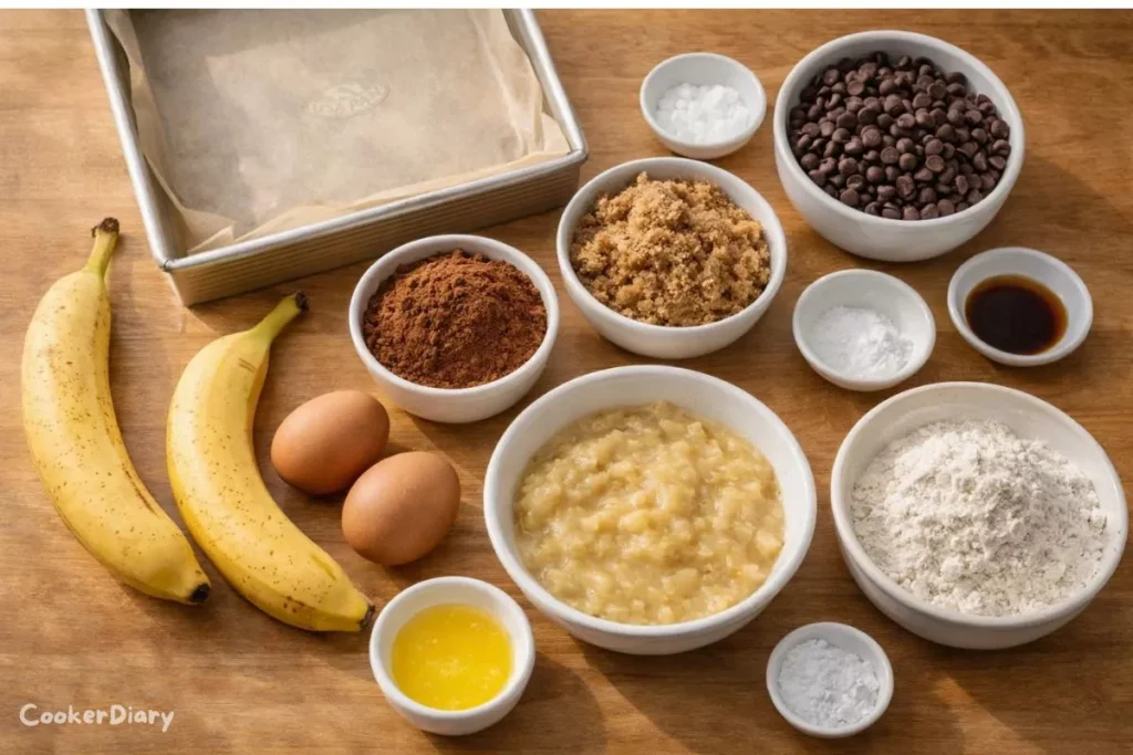 Flat-lay of banana brownie ingredients on wooden countertop