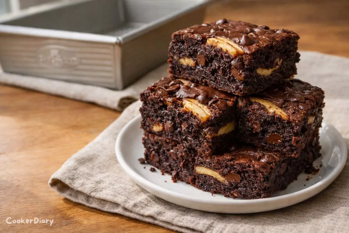 Angled close-up of stacked banana brownies
