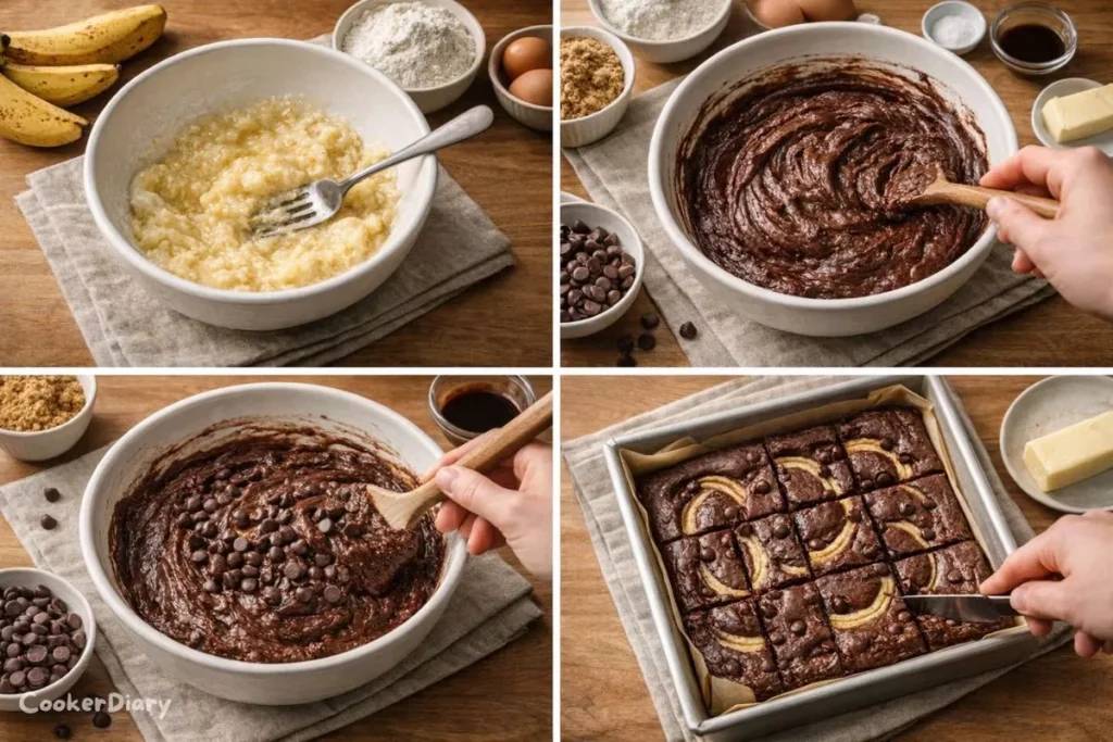 Four-step composite showing banana brownie preparation