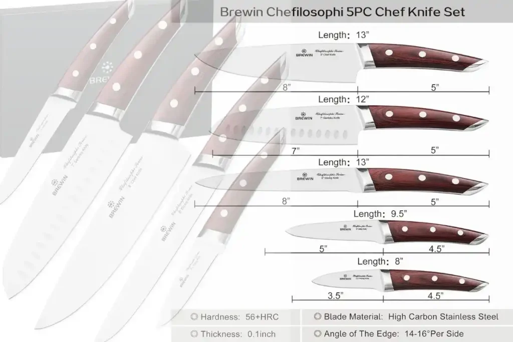 Brewin CHEFILOSOPHI 5-piece Japanese Chef Knife Set with high-performance, sharp blades for precision cutting.