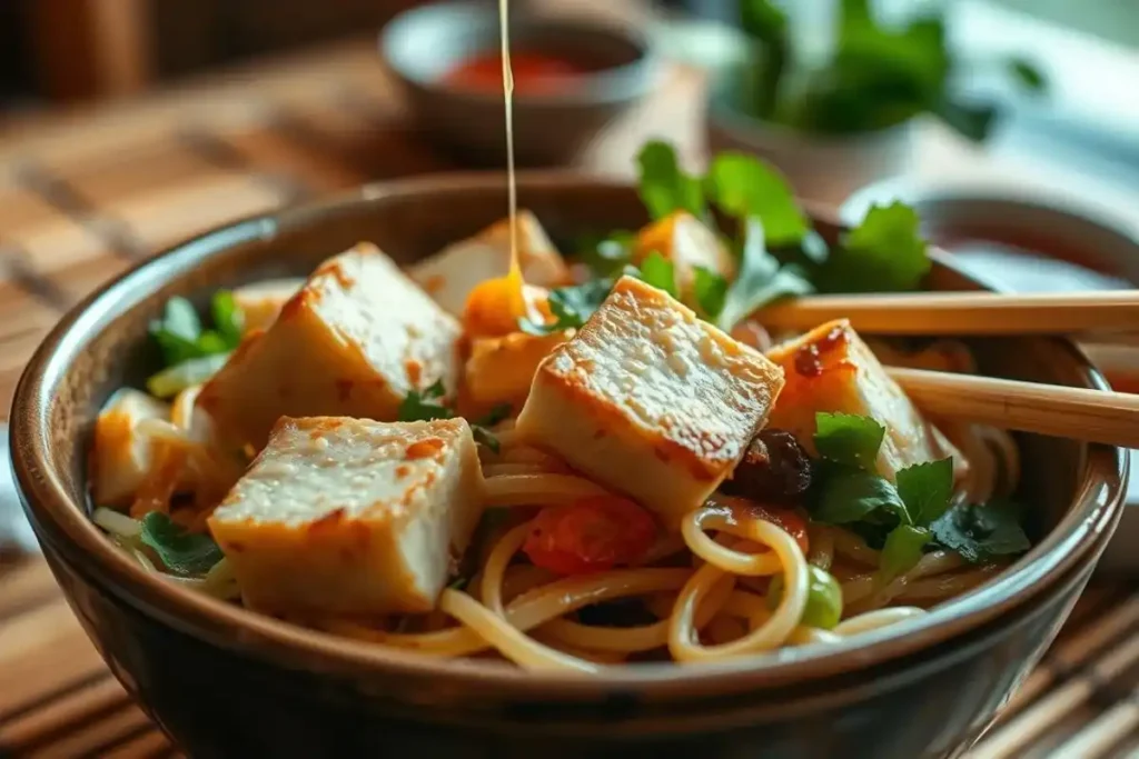 Angled close-up of Vietnamese noodles with tofu, herbs, and rice noodles being drizzled with sauce.