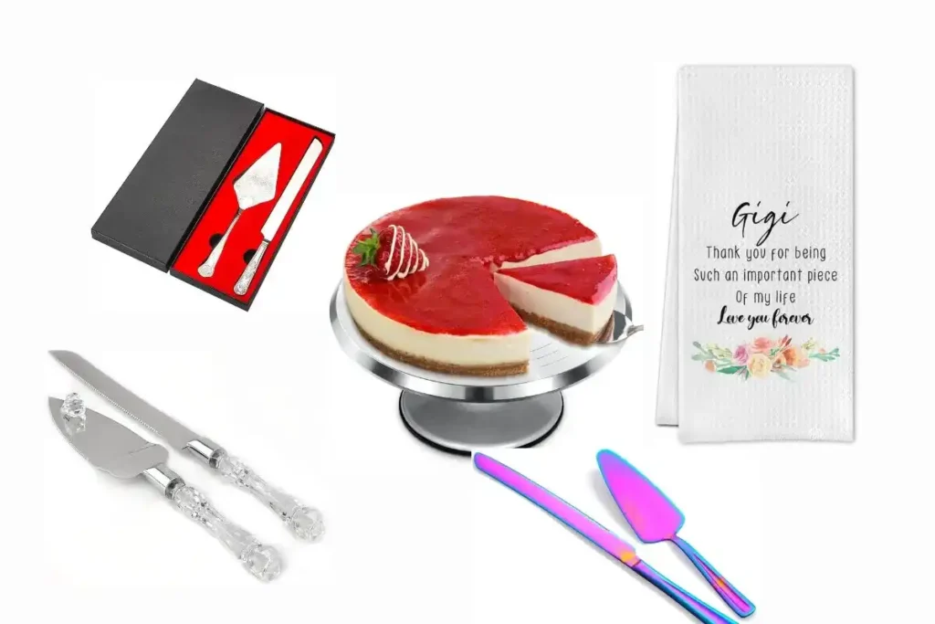Essential kitchen accessories including kitchen towels, knives, offset spatulas, and decorating tools displayed on a kitchen counter.