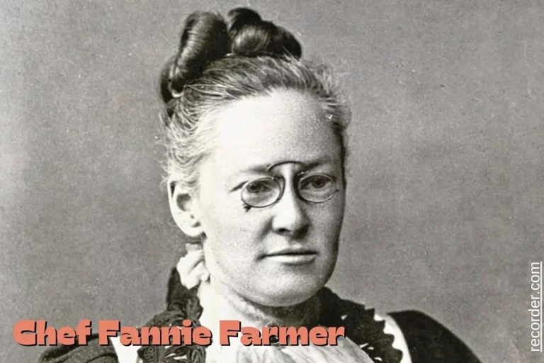 Portrait of Chef Fannie Farmer with a vintage cookbook