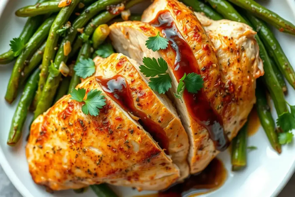 A top-down view of chicken breast slices and sautéed green beans with garlic and balsamic reduction on a white plate.