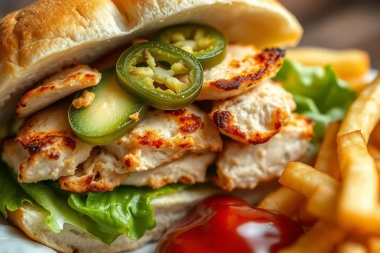 A close-up of a chicken torta showing the bite taken out to reveal its layers of ingredients.