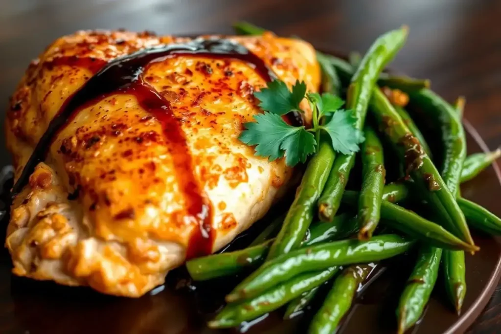 A close-up, angled view of chicken breast slices and sautéed green beans, garnished with parsley and balsamic reduction.