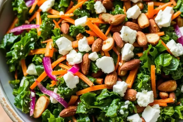A close-up, angled view of kale crunch salad with kale, shredded carrots, onions, almonds, and feta cheese.