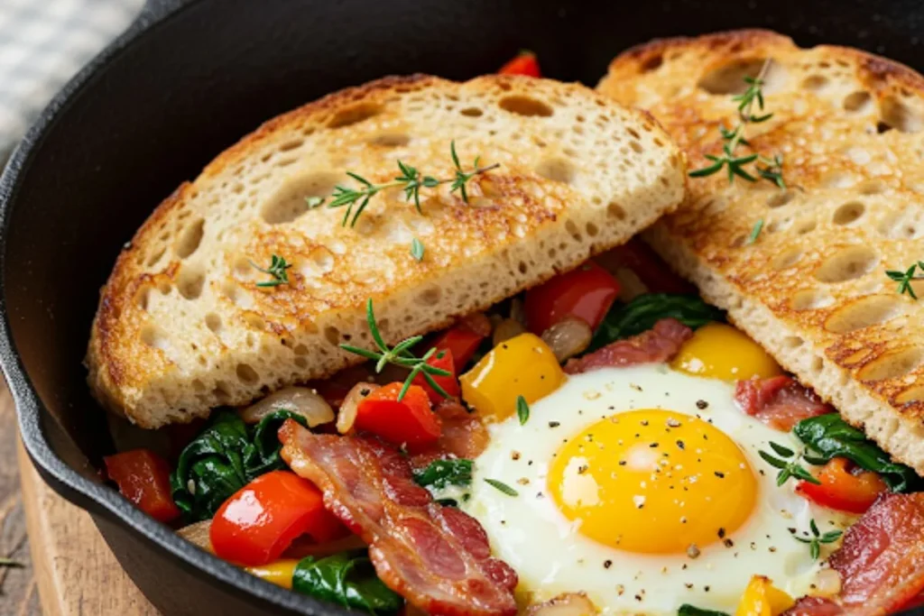 A close-up, slightly angled shot of a one-pan sourdough breakfast with sunny-side-up eggs, bacon, and sautéed vegetables in a cast-iron skillet.
