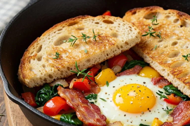 A close-up, slightly angled shot of a one-pan sourdough breakfast with sunny-side-up eggs, bacon, and sautéed vegetables in a cast-iron skillet.