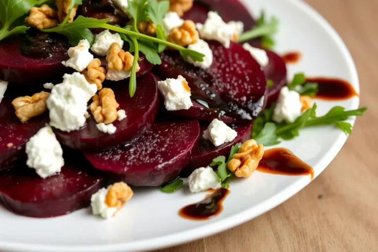 A close-up, slightly angled view of roasted beet salad with goat cheese and walnuts, showing the layers and textures of the ingredients.