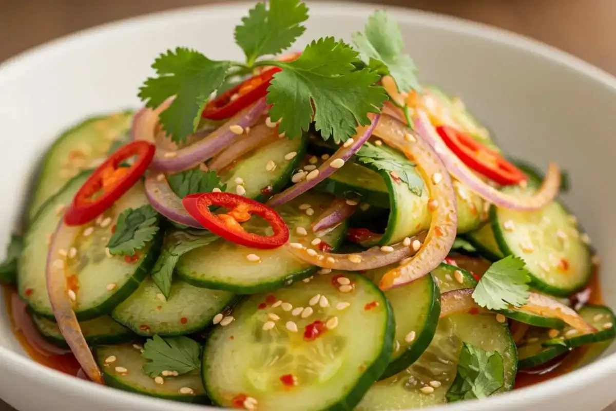 A close-up, angled view of spicy cucumber salad with chili peppers, sesame seeds, and fresh cilantro.