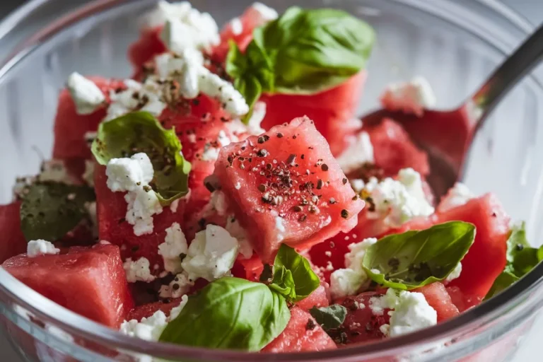 A close-up of watermelon basil salad being stirred, showing the ingredients and textures.