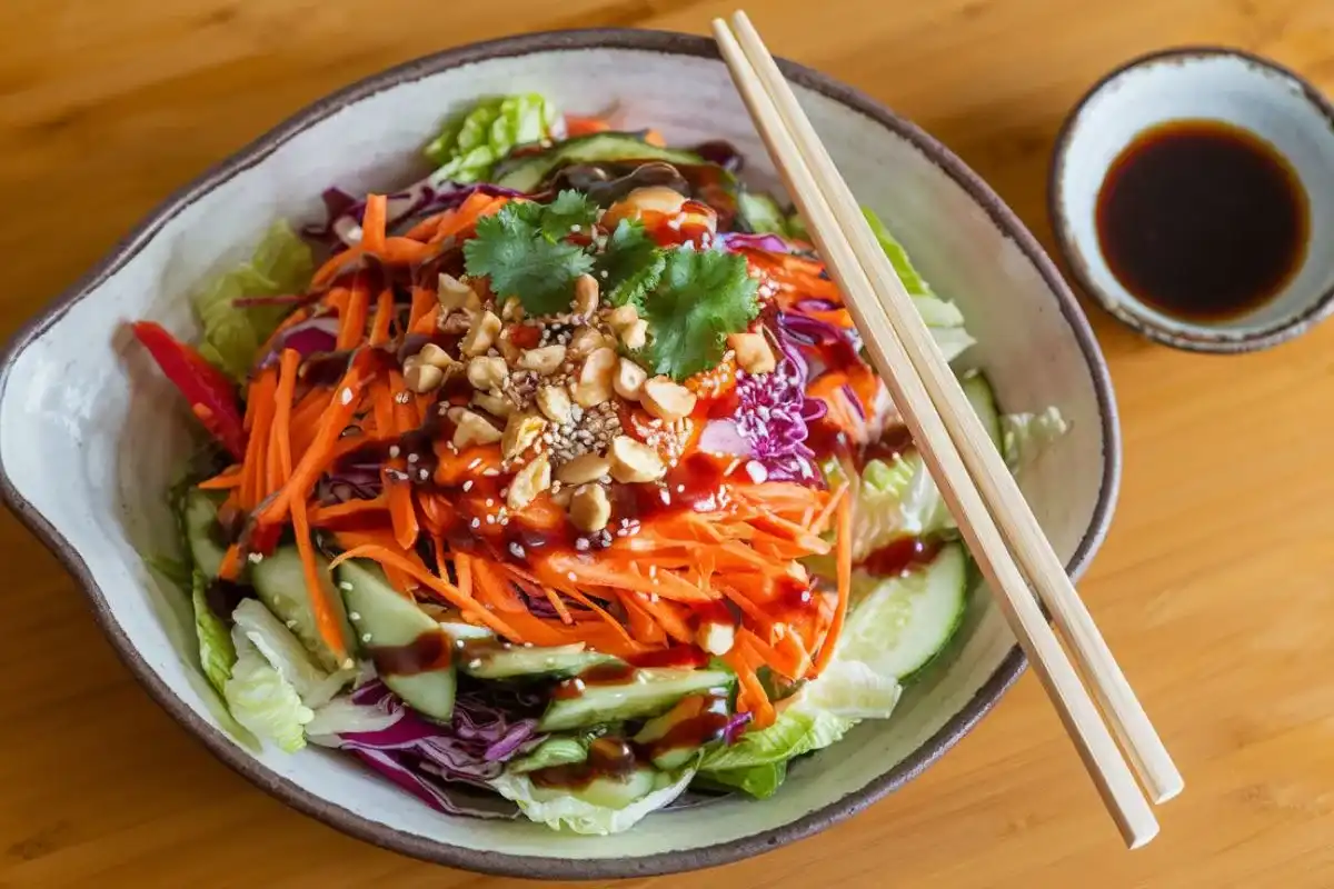 Top-down view of a vibrant Asian salad with colorful vegetables, sesame seeds, and soy-ginger dressing.