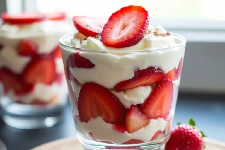 A close-up of a single serving of no-bake strawberry tiramisu, showing its layers and creamy texture.