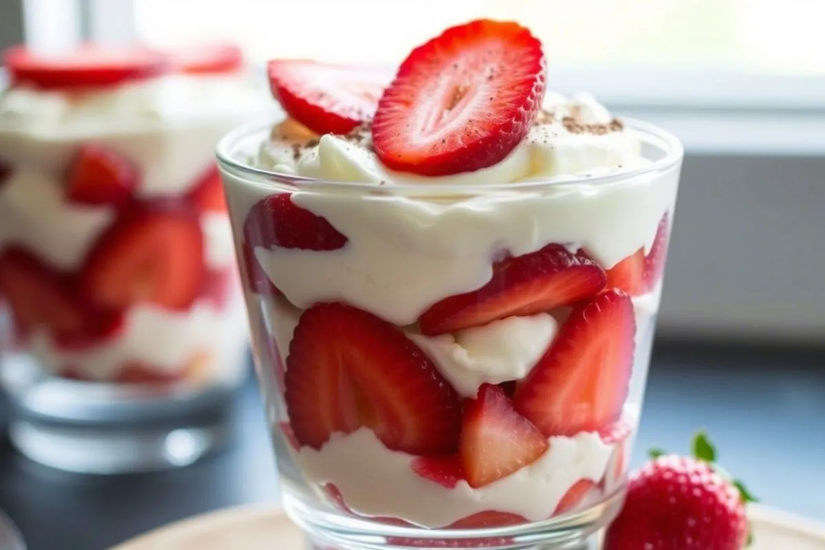 A close-up of a single serving of no-bake strawberry tiramisu, showing its layers and creamy texture.