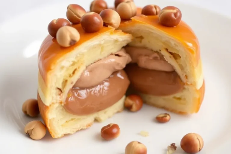 A slice of Paris Brest cake showing its layers of choux pastry and praline cream.