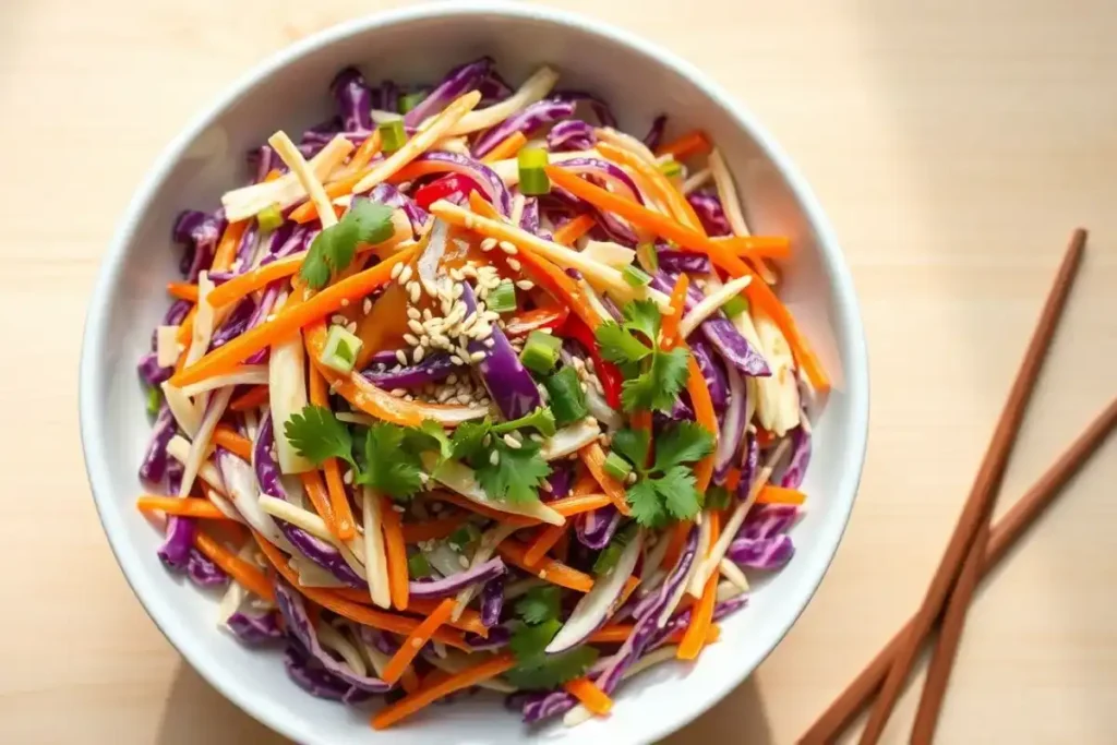 Top-down view of colorful Asian slaw with cabbage, carrots, sesame seeds, and dressing in a white bowl.