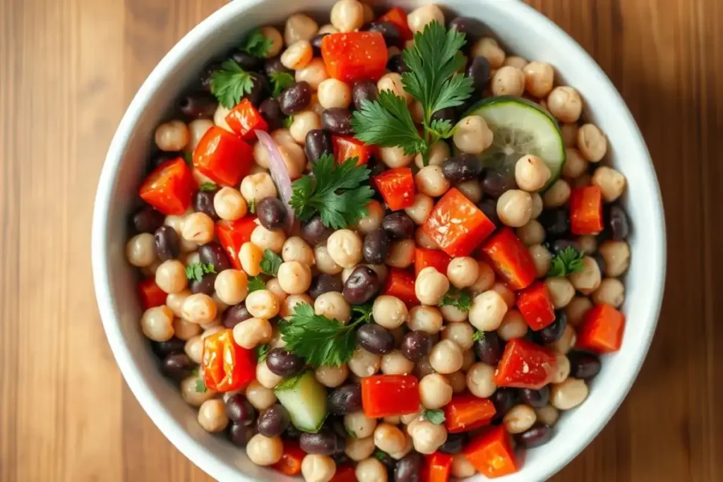 A top-down view of a dense bean salad with kidney beans, chickpeas, black beans, cucumber, and parsley in a white bowl.