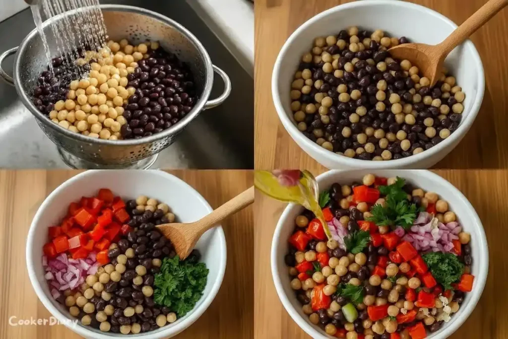 Four-step composite image showing rinsing beans, mixing, adding vegetables, and tossing with vinaigrette.