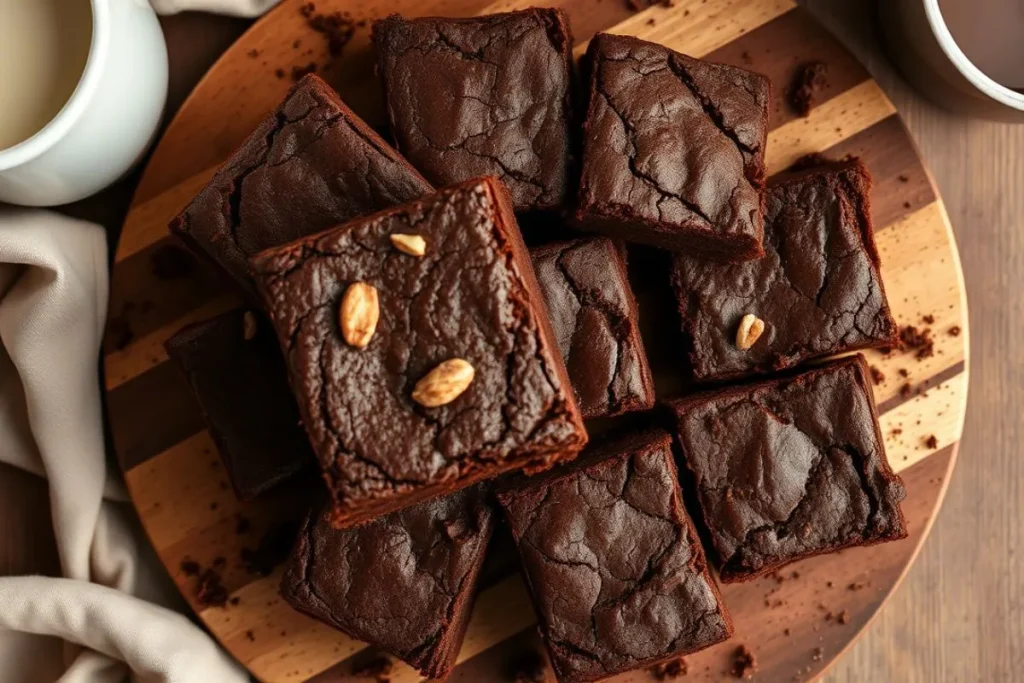 Fudgy 3-ingredient brownies with a dark chocolate color, stacked and ready to enjoy.