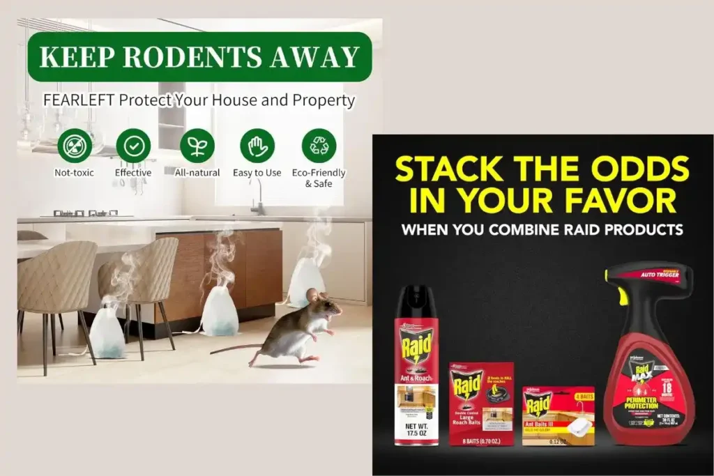 Raid Ant Cleaner Baits and Peppermint Oil Rodent Repellent on a kitchen countertop for pest control