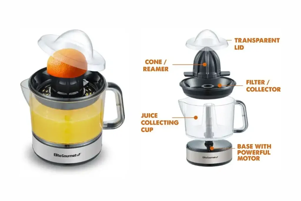 Elite Gourmet ETS623 BPA-Free Electric Citrus Juicer with 24oz capacity, featuring a clear container and black base.