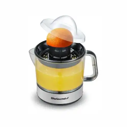Elite Gourmet ETS623 BPA-Free Electric Citrus Juicer with 24oz capacity, featuring a clear container and black accents.