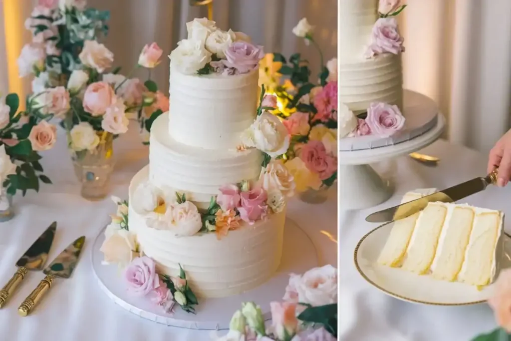 Elegant cake cutting at a wedding with a polished cake knife and happy guests in the background.