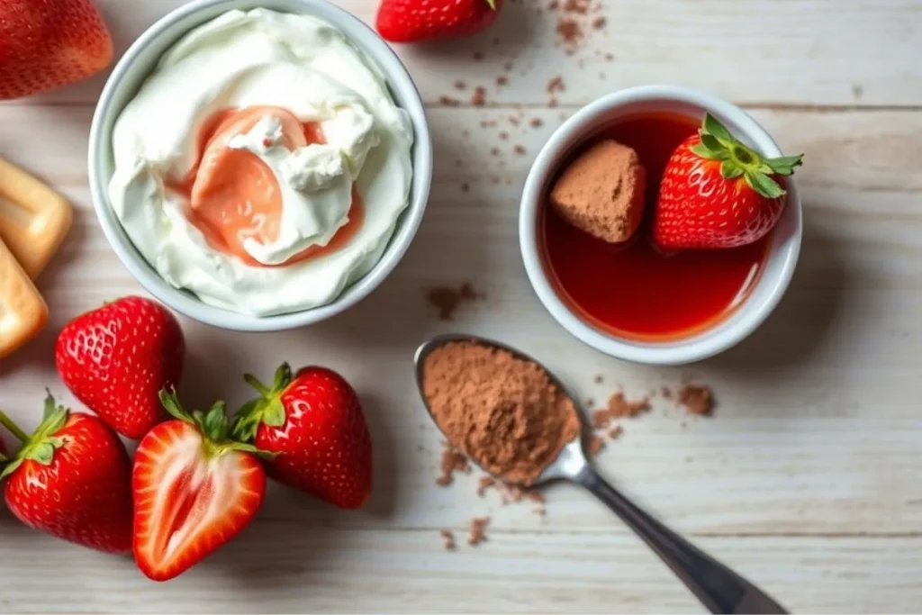 Fresh ingredients for no-bake strawberry tiramisu, including strawberries, ladyfingers, and mascarpone.