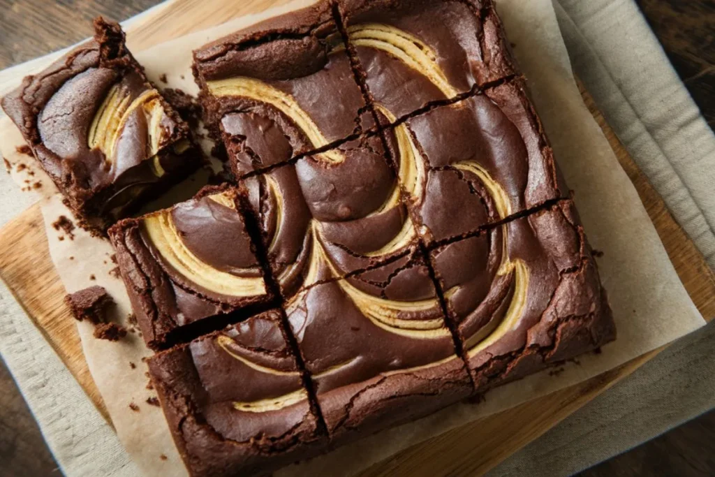 Fudgy banana brownies sliced in a pan, rich and moist with banana swirls.