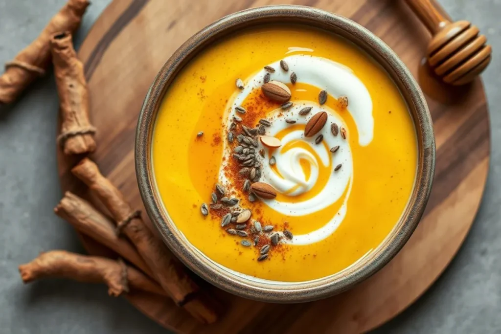 A creamy turmeric smoothie bowl garnished with chia seeds, almonds, and cinnamon.