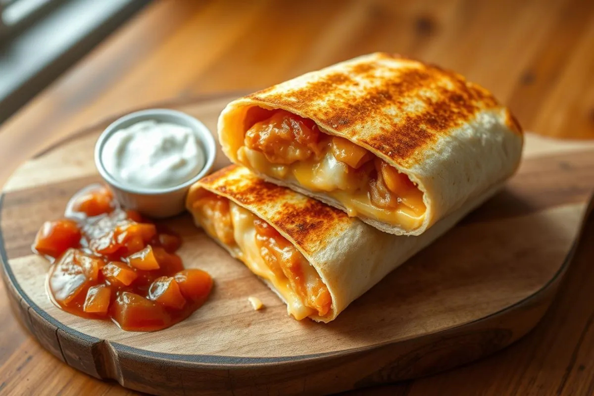 A grilled cheese burrito with melted cheese oozing out, served with salsa and sour cream.