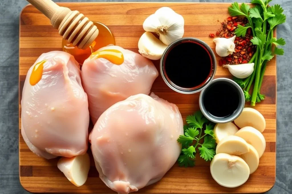 Raw ingredients for honey chicken, including chicken, honey, garlic, red pepper flakes, and soy sauce.