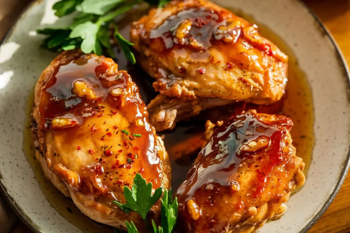A top-down view of honey chicken with garlic and red pepper flakes on a rustic white plate.
