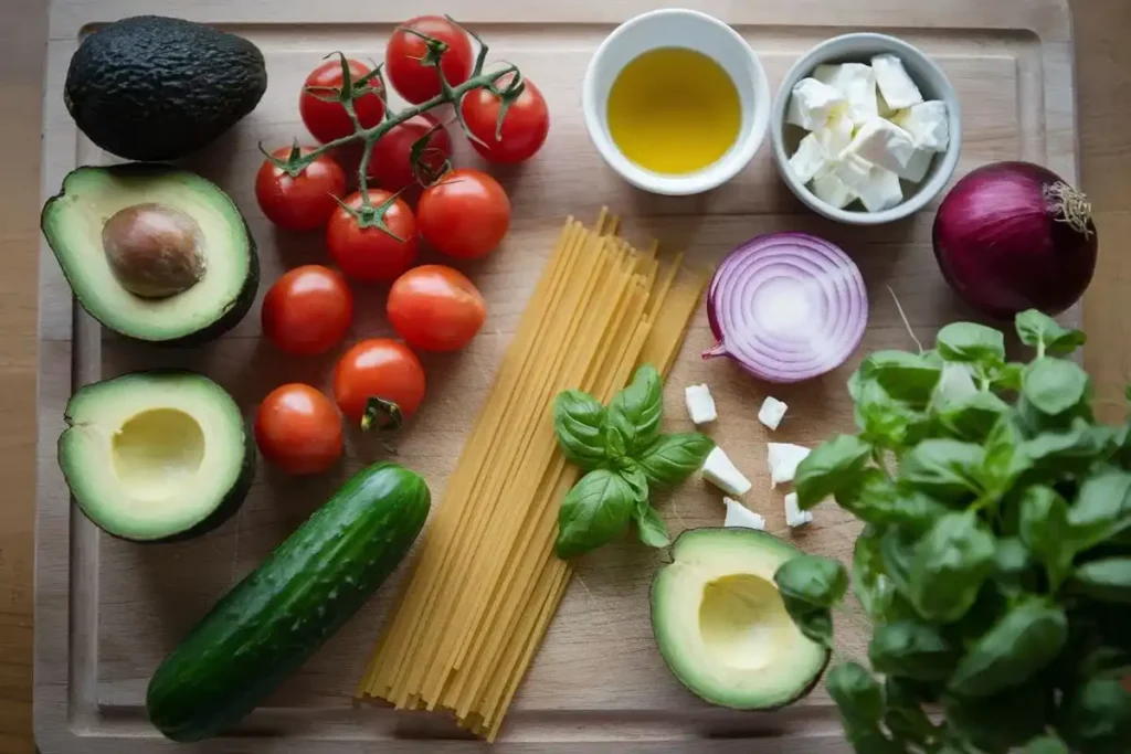 Raw ingredients for avocado pasta salad, including avocados, pasta, cherry tomatoes, and fresh basil, arranged on a cutting board.