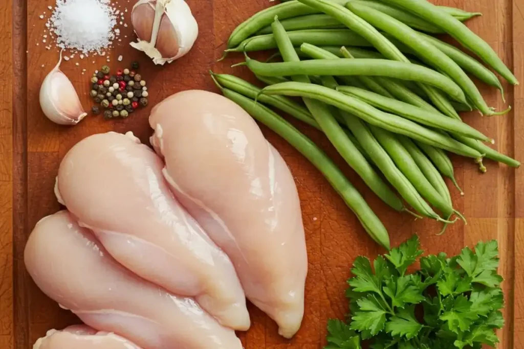 Raw ingredients for chicken and green beans, including chicken breasts, garlic, green beans, and parsley, arranged on a wooden cutting board.