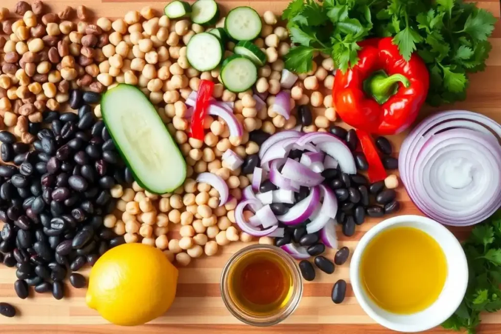 Raw ingredients for dense bean salad, including beans, cucumber, red onion, and fresh parsley, arranged on a wooden cutting board.
