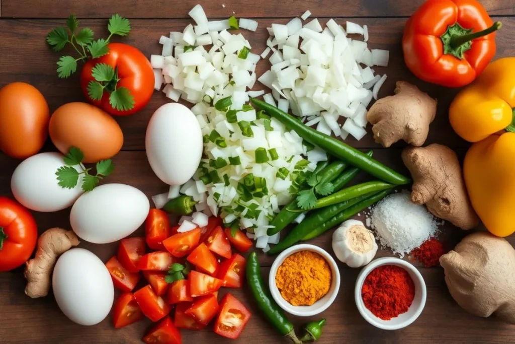 Raw ingredients for egg bhurji, including eggs, vegetables, and spices.