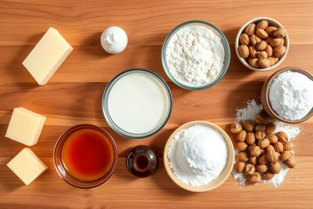Raw ingredients for Paris Brest cake, including choux pastry ingredients, praline paste, and hazelnuts.