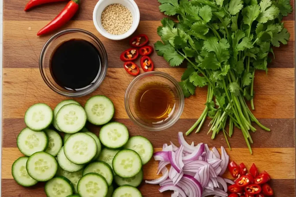 Raw ingredients for spicy cucumber salad, including cucumbers, chili peppers, cilantro, and sesame seeds, arranged on a cutting board.