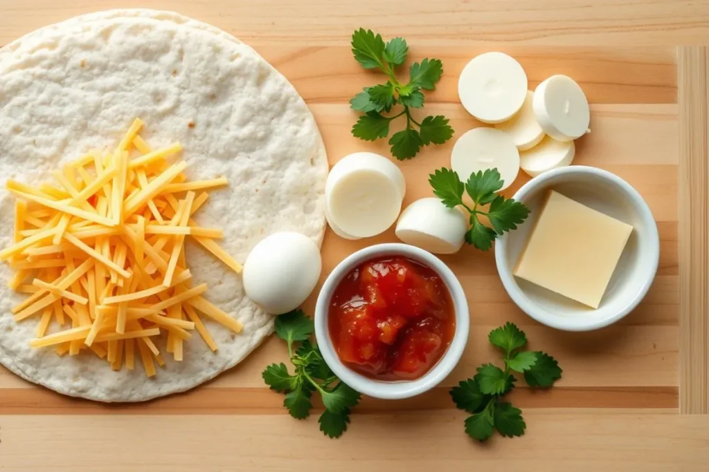 Fresh ingredients for a homemade grilled cheese burrito, including cheese, tortillas, and salsa.