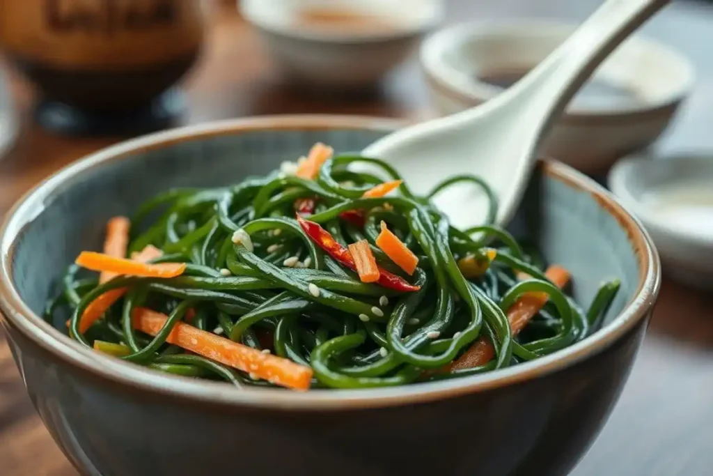 Angled close-up of Japanese seaweed salad with sesame and carrot in a bowl with chopsticks.