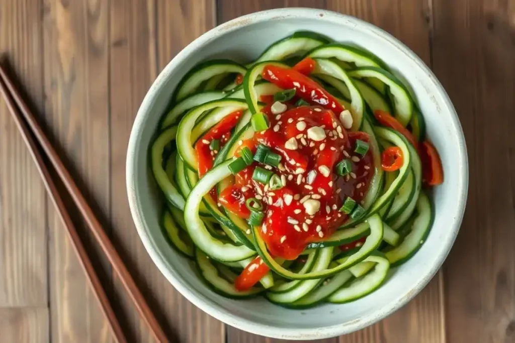 Top-down view of spicy Korean cucumber with chili flakes and sesame seeds in a white bowl.