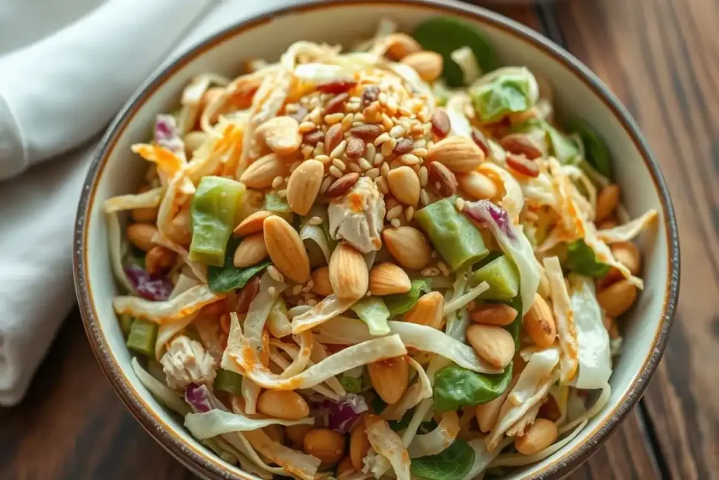 Angled shot of Chinese chicken salad with crispy wontons and sesame dressing.