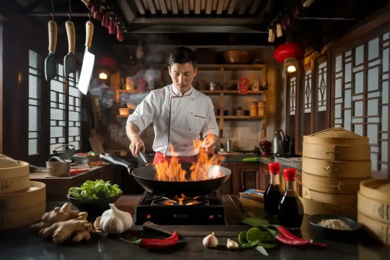 China chef cooking with a flaming wok in a traditional kitchen filled with authentic ingredients and tools.