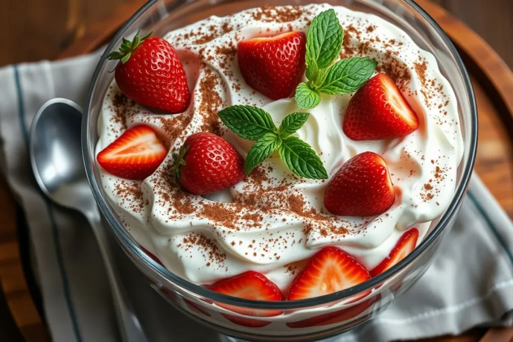 No-bake strawberry tiramisu in a trifle dish, layered with strawberries and cream.