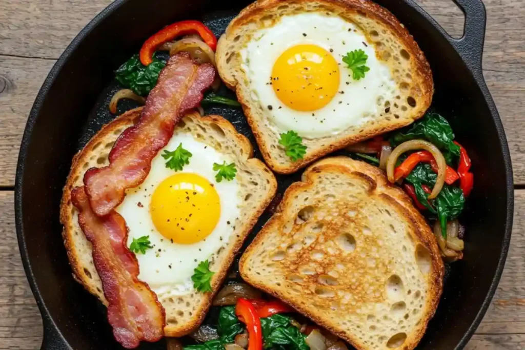 A top-down view of a one-pan sourdough breakfast with eggs, crispy bacon, and sautéed vegetables in a cast-iron skillet.