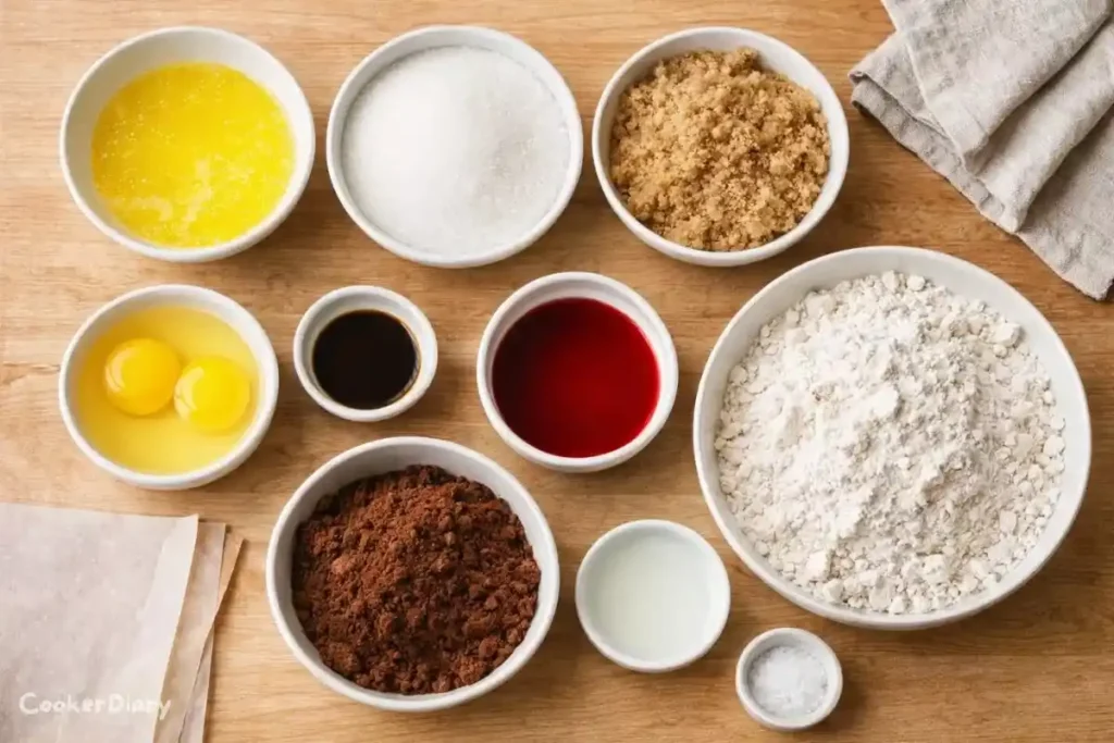 Flat-lay of red velvet brownie ingredients arranged on a wooden counter.